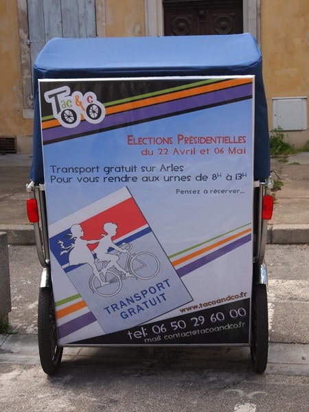 Lire la suite à propos de l’article Elections Présidentielles 2012 à Arles: Taco and Co vous transporte gratuitement.